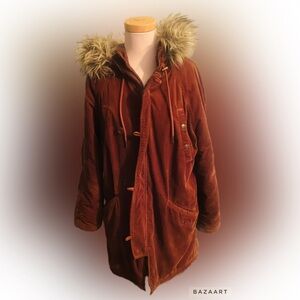 Thick Brown Corduroy Coat with Fur Hood